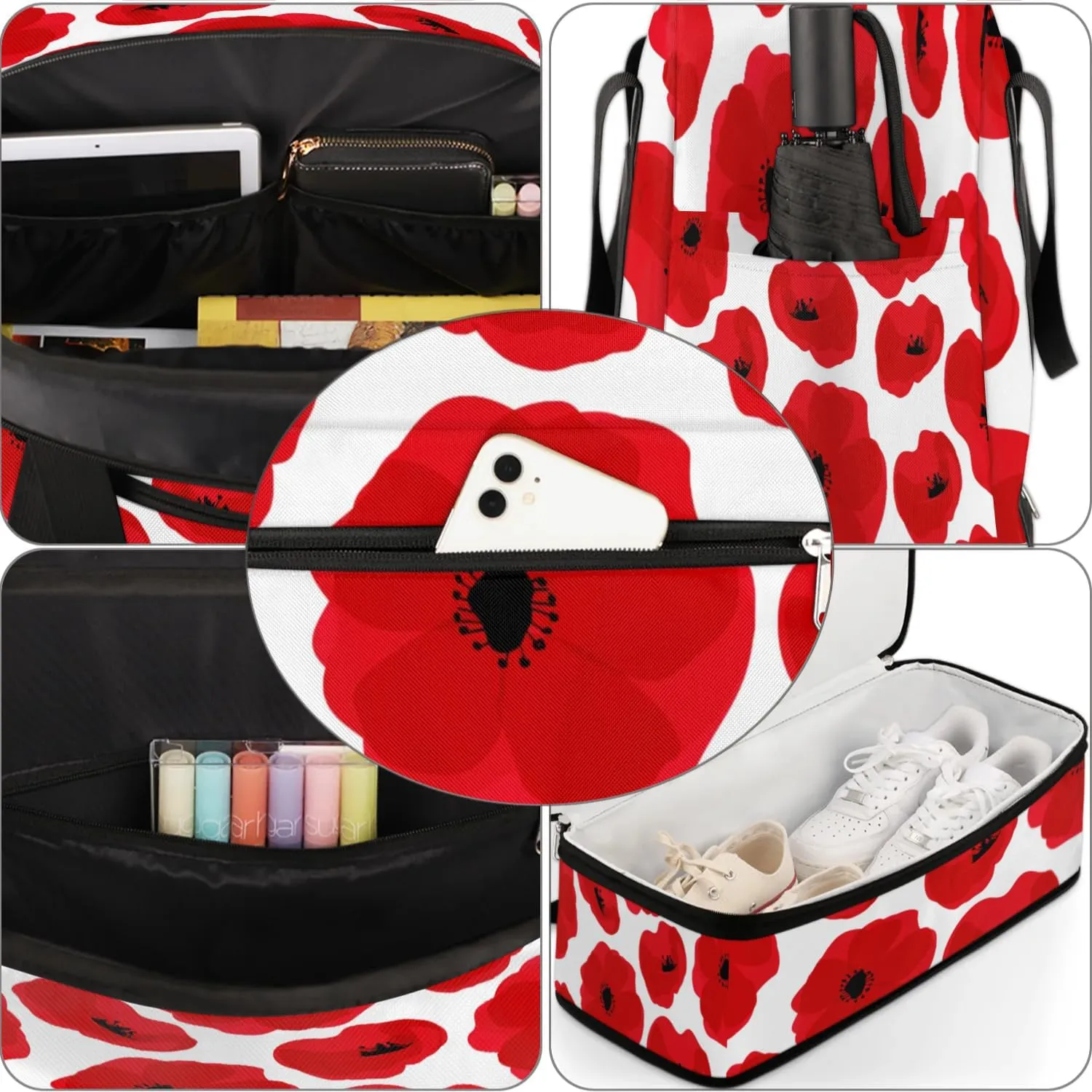 Poppy Petal Pattern Sports Gym Bag with Shoes Compartment Foldable Travel Duffel Bag Dry Wet Separated Sports Tote Workout Weekender Overnight Bag for Women Yoga Dance Work Training Handbag