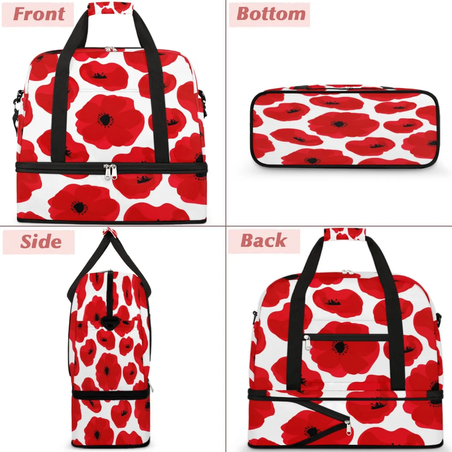 Poppy Petal Pattern Sports Gym Bag with Shoes Compartment Foldable Travel Duffel Bag Dry Wet Separated Sports Tote Workout Weekender Overnight Bag for Women Yoga Dance Work Training Handbag