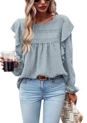 PRETTYGARDEN Women's Long Sleeve Blouses Ruffle Swiss Dot Crochet Loose Fit 2025 Spring Fall Tunic Dressy Casual Tops