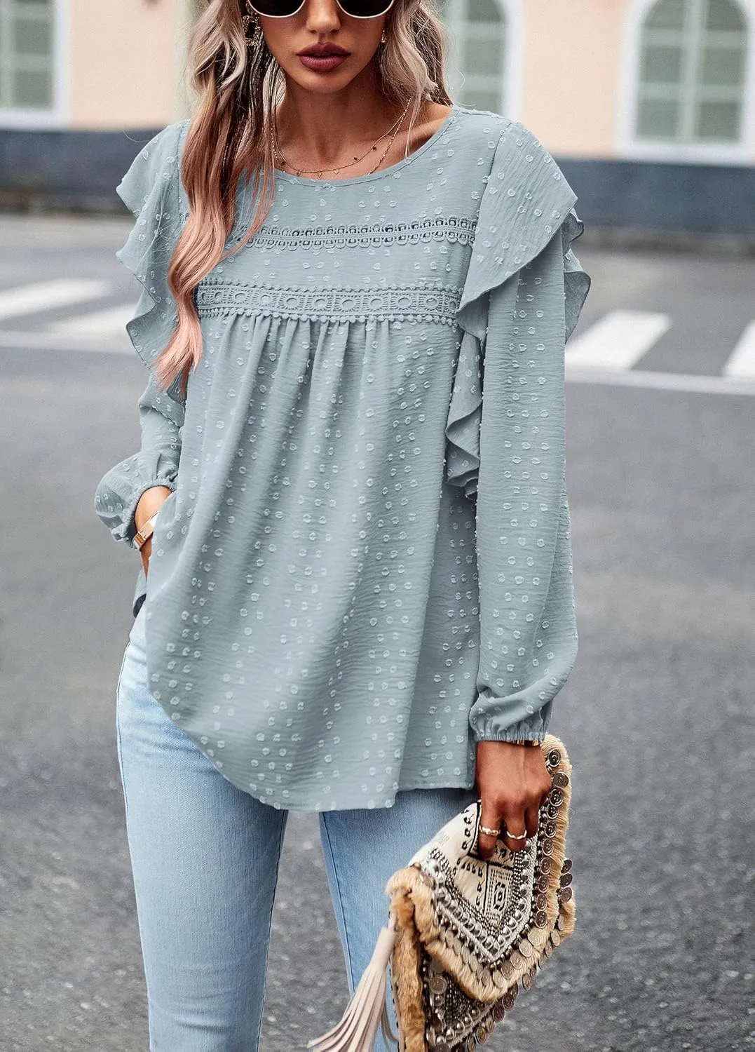 PRETTYGARDEN Women's Long Sleeve Blouses Ruffle Swiss Dot Crochet Loose Fit 2025 Spring Fall Tunic Dressy Casual Tops
