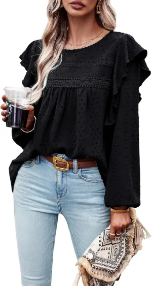 PRETTYGARDEN Women's Long Sleeve Blouses Ruffle Swiss Dot Crochet Loose Fit 2025 Spring Fall Tunic Dressy Casual Tops