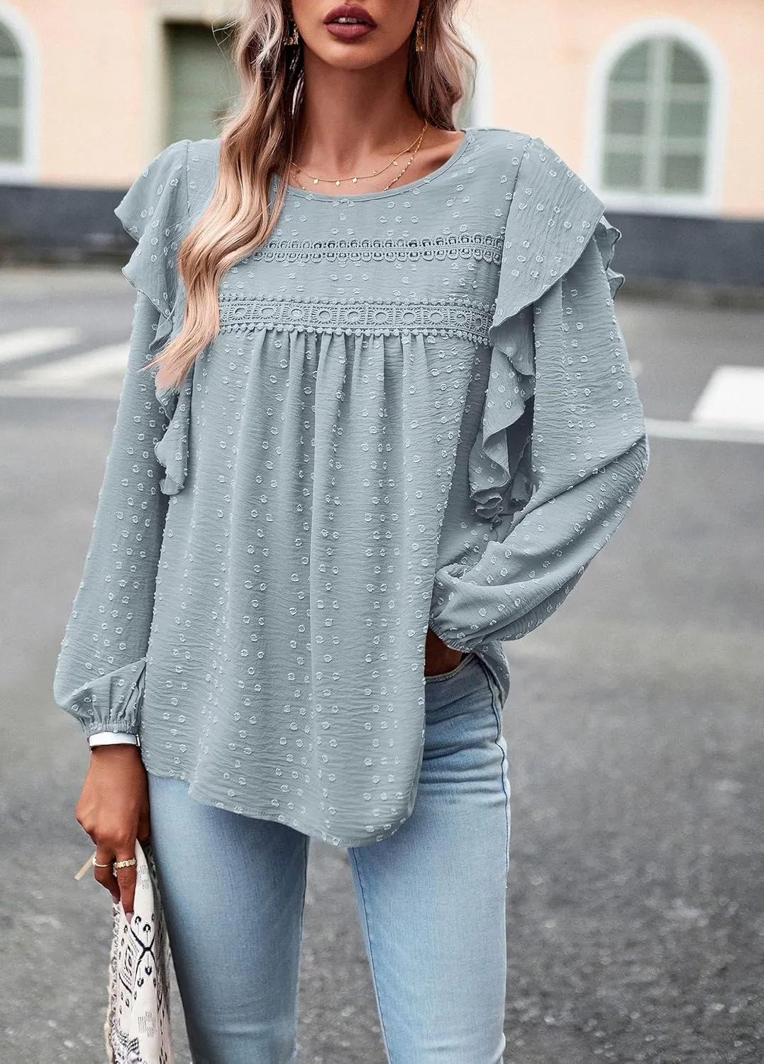 PRETTYGARDEN Women's Long Sleeve Blouses Ruffle Swiss Dot Crochet Loose Fit 2025 Spring Fall Tunic Dressy Casual Tops