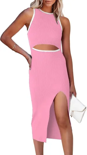 PRETTYGARDEN Women's Summer Midi Bodycon Dresses Casual Crew Neck Side Slit Sleeveless Knit Cut Out Tank Top Dress