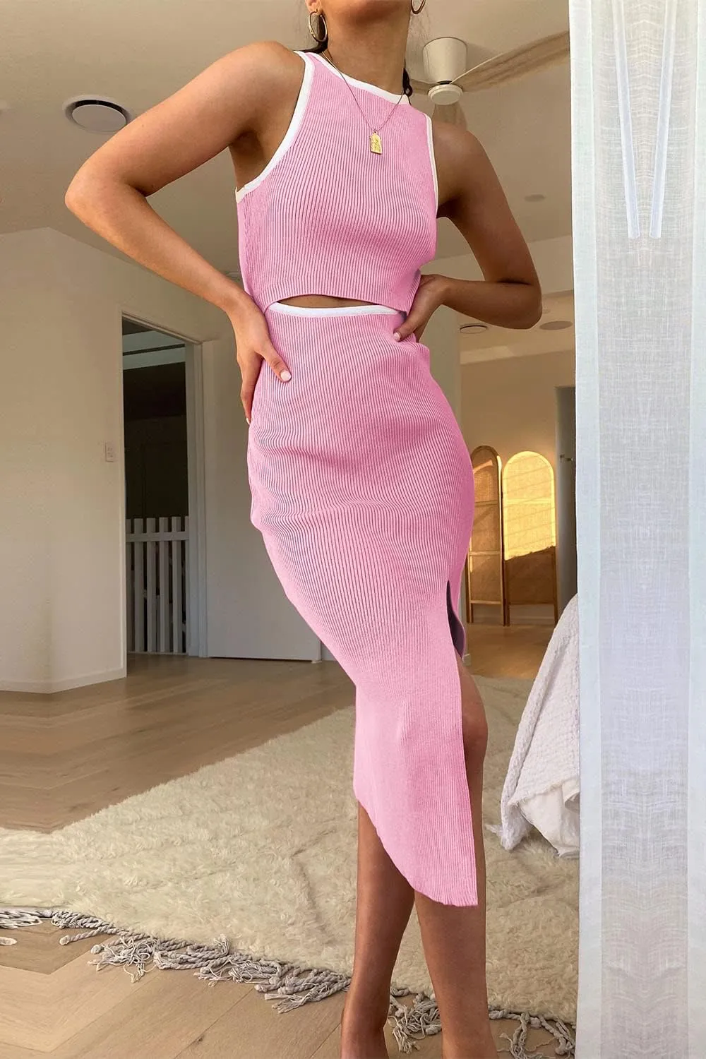 PRETTYGARDEN Women's Summer Midi Bodycon Dresses Casual Crew Neck Side Slit Sleeveless Knit Cut Out Tank Top Dress