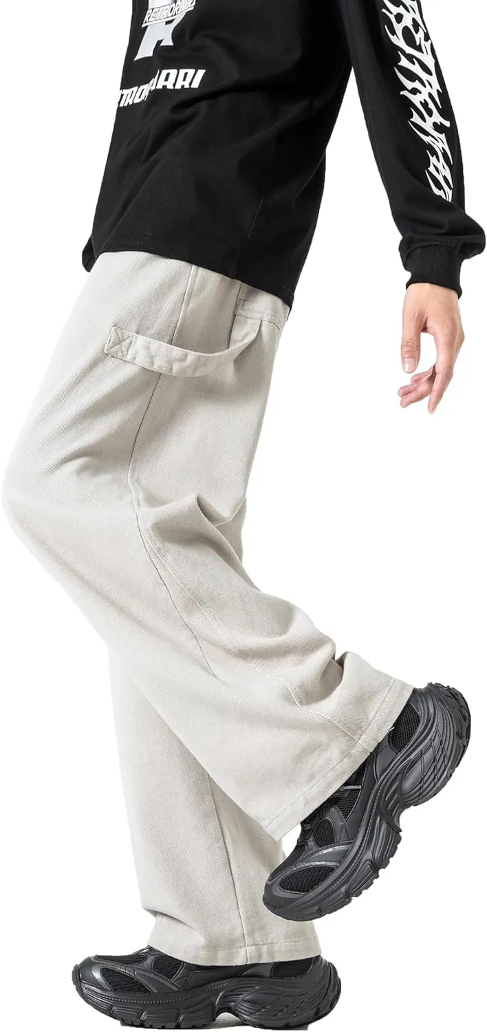 PRIJOUHE Men's Baggy Cargo Pants Casual Loose Fit Wide Leg Pants with Elastic Drawstring Waist