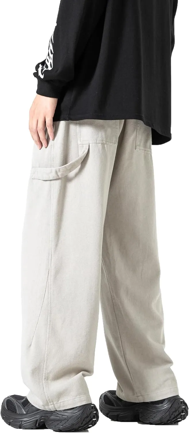 PRIJOUHE Men's Baggy Cargo Pants Casual Loose Fit Wide Leg Pants with Elastic Drawstring Waist
