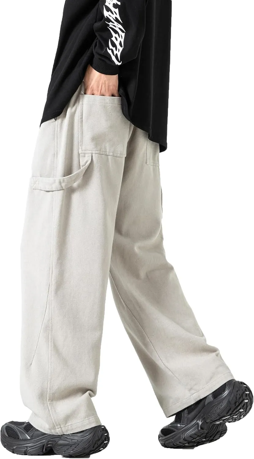 PRIJOUHE Men's Baggy Cargo Pants Casual Loose Fit Wide Leg Pants with Elastic Drawstring Waist