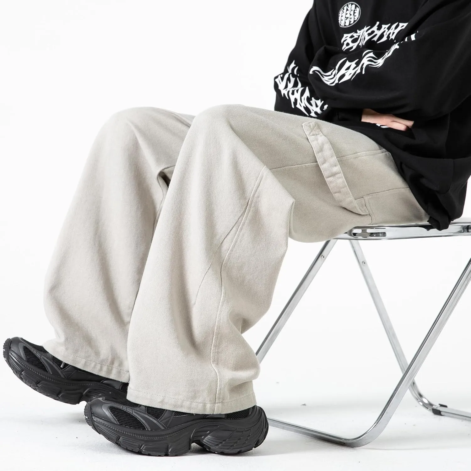 PRIJOUHE Men's Baggy Cargo Pants Casual Loose Fit Wide Leg Pants with Elastic Drawstring Waist