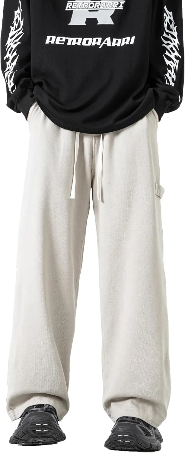 PRIJOUHE Men's Baggy Cargo Pants Casual Loose Fit Wide Leg Pants with Elastic Drawstring Waist