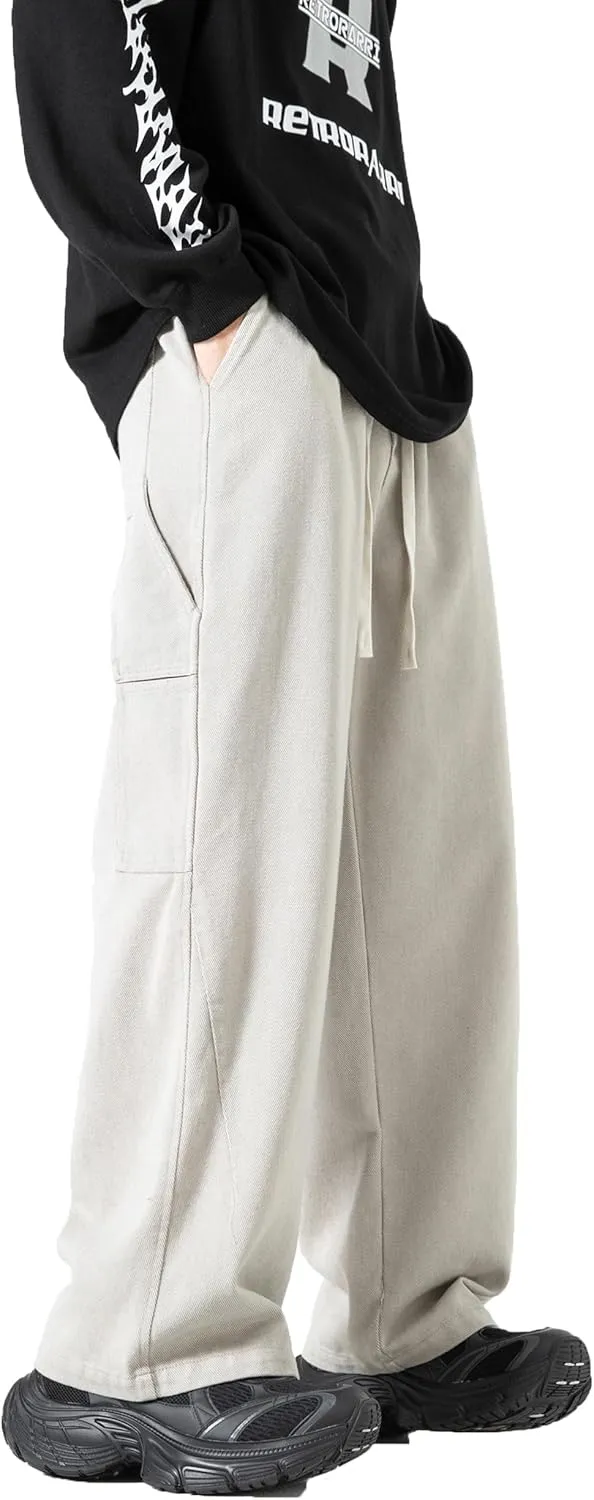 PRIJOUHE Men's Baggy Cargo Pants Casual Loose Fit Wide Leg Pants with Elastic Drawstring Waist