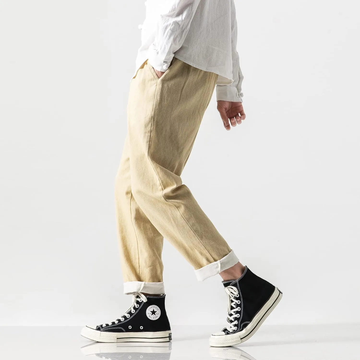 PRIJOUHE Mens Elastic Waist Drawstring Jeans Casual Stretchy Regular Fit Tapered Leg Distressed Jeans Pants