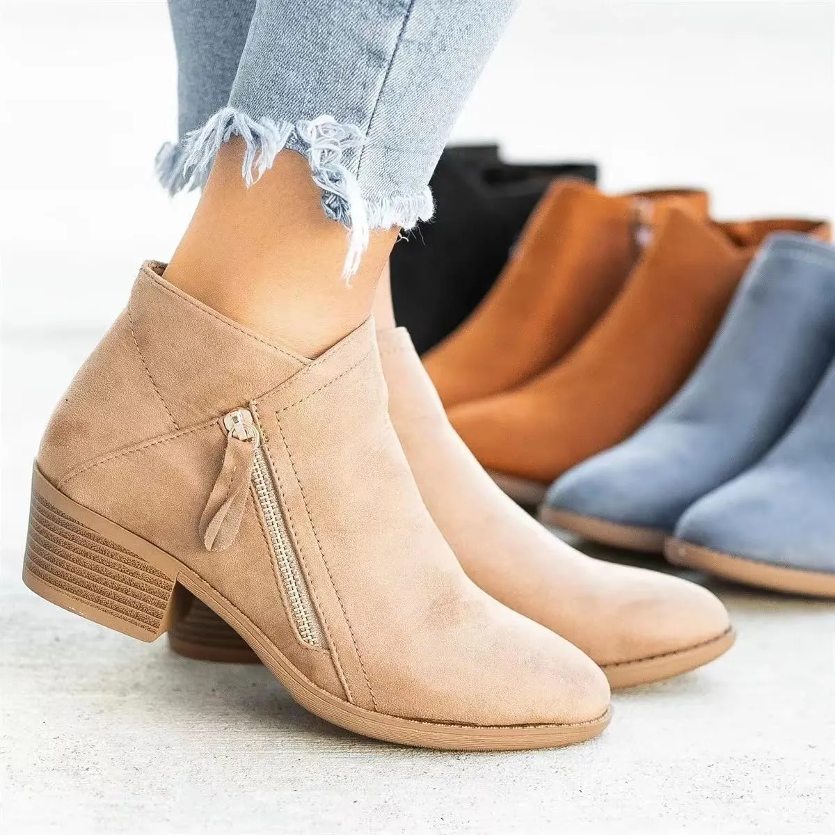 Purubylley Womens Wedge Ankle Boots Round Head Braided Fringe Western Heeled Fall Booties Dress Shoes,Winter Warm Fashionable Western Outdoor Short Boots with Zipper