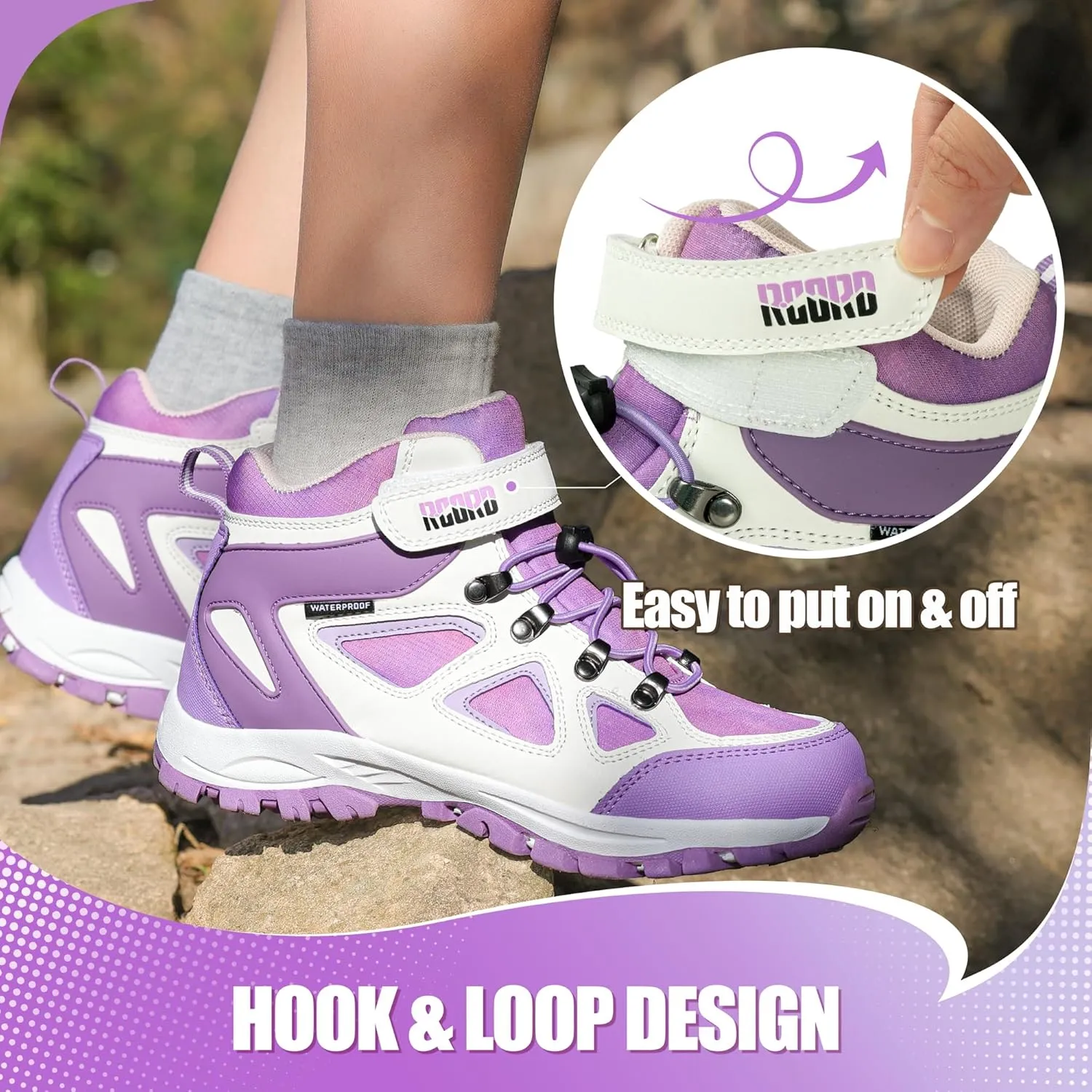 R CORD Kids Hiking Boots Waterproof & Breathable, Durable TPR Traction Outsole, Anti-Skid, Athletic Drawstring Closure, Unisex, Purple, Little Kid, Hiking, Sports