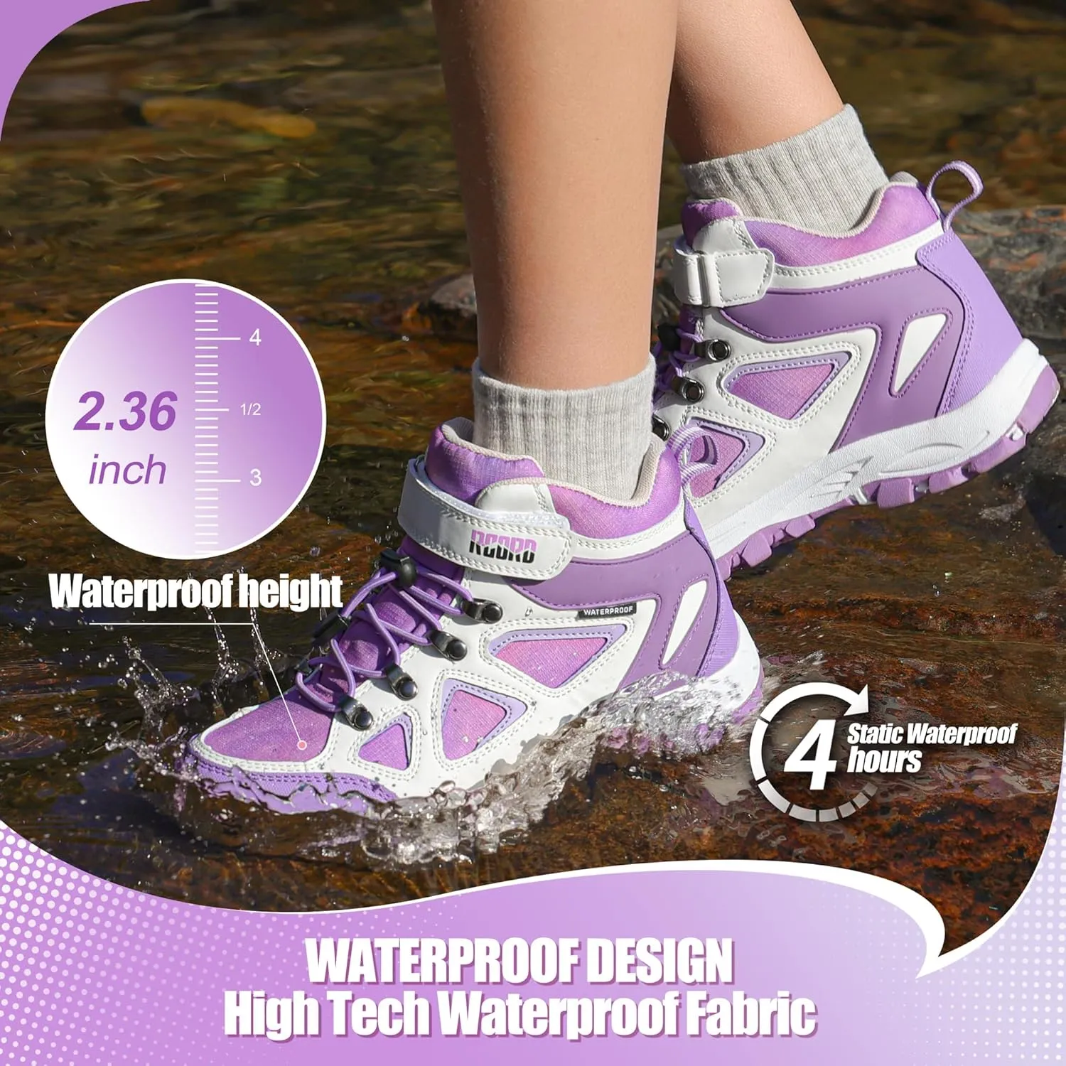 R CORD Kids Hiking Boots Waterproof & Breathable, Durable TPR Traction Outsole, Anti-Skid, Athletic Drawstring Closure, Unisex, Purple, Little Kid, Hiking, Sports