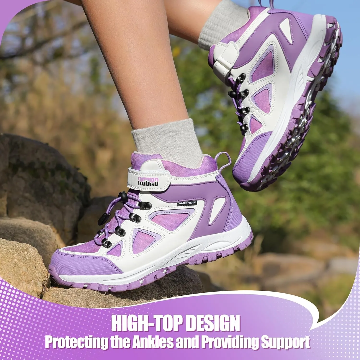 R CORD Kids Hiking Boots Waterproof & Breathable, Durable TPR Traction Outsole, Anti-Skid, Athletic Drawstring Closure, Unisex, Purple, Little Kid, Hiking, Sports