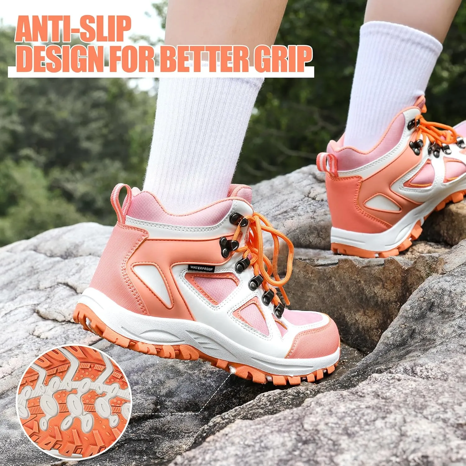 R CORD Kids Hiking Boots Waterproof Durable TPR Traction Outsole Anti-Skid Athletic Lace Up Hiking Shoes for Outdoor Adventure