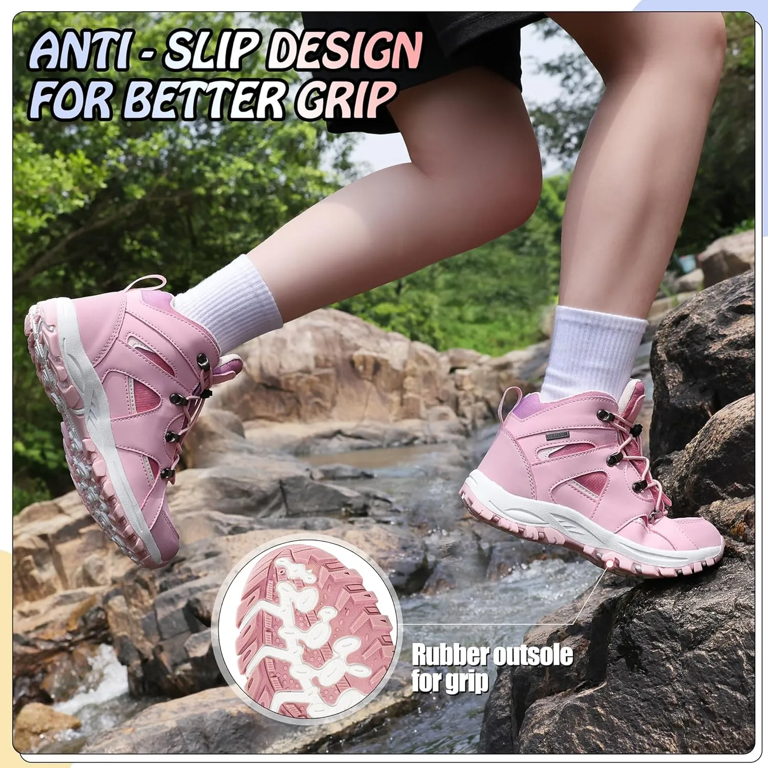 R CORD Kids Hiking Boots Waterproof Girls Hiking Boots Durable TPR Traction Outsole Anti-Skid Athletic Drawstring Closure