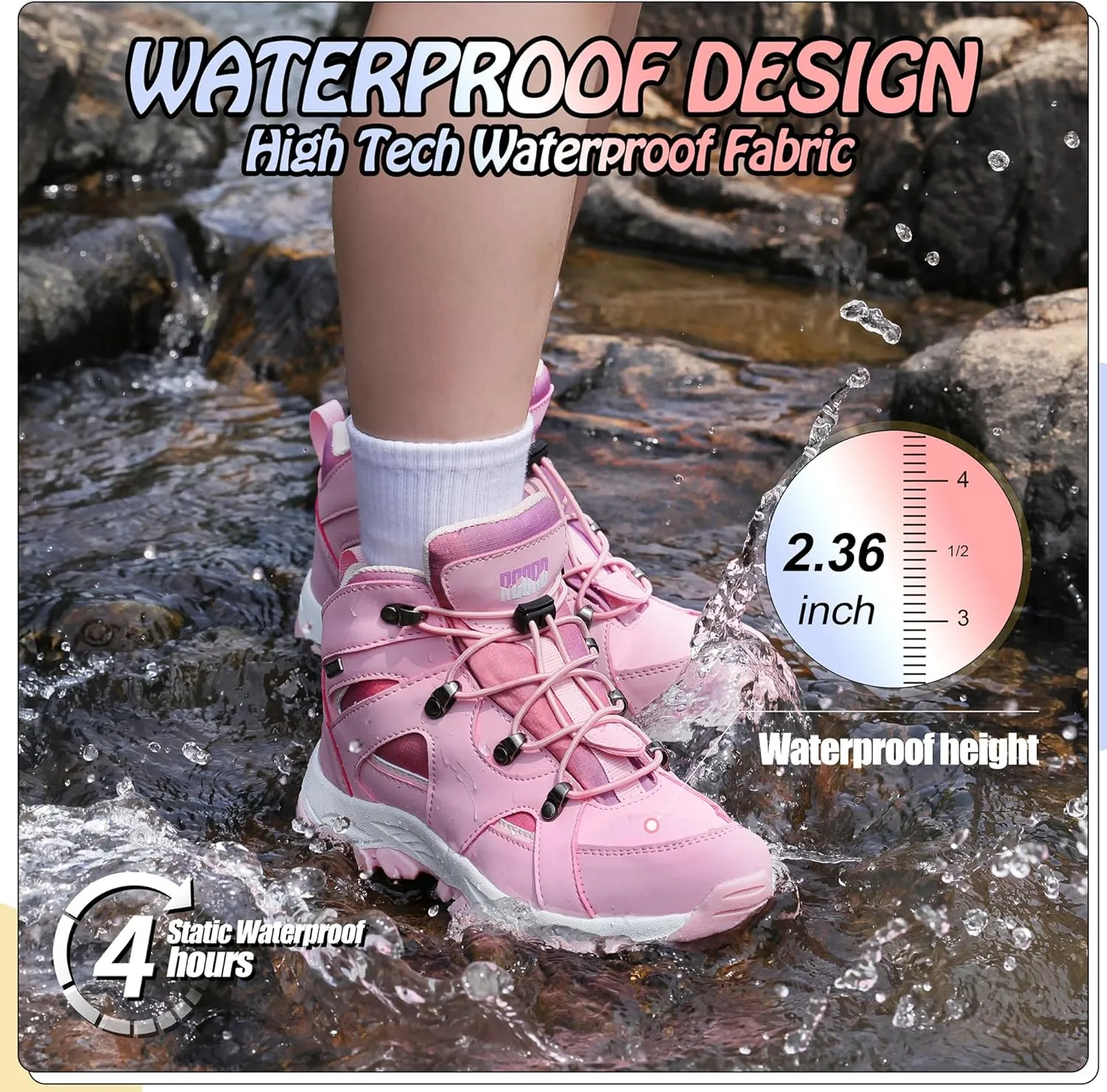 R CORD Kids Hiking Boots Waterproof Girls Hiking Boots Durable TPR Traction Outsole Anti-Skid Athletic Drawstring Closure