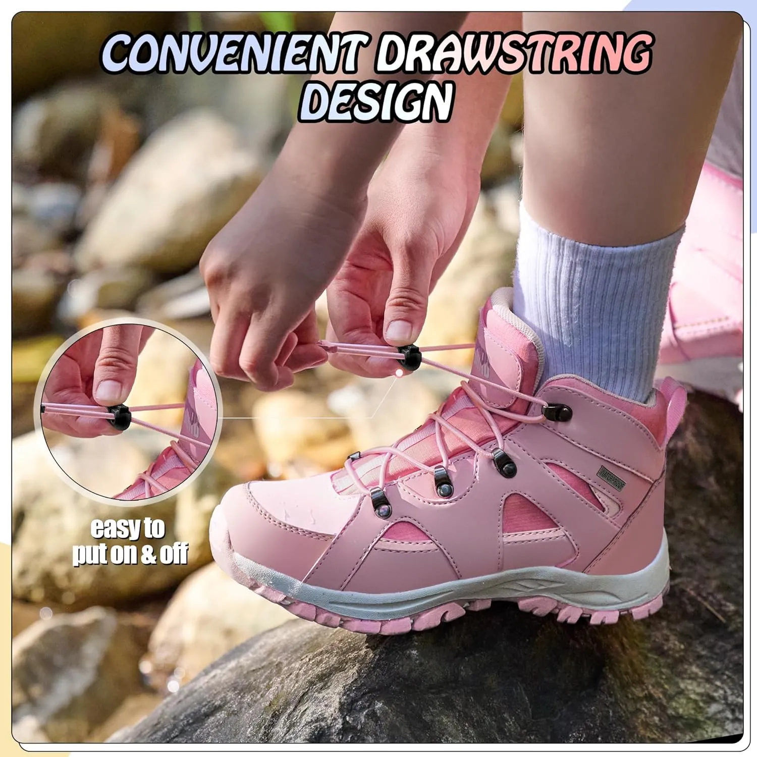 R CORD Kids Hiking Boots Waterproof Girls Hiking Boots Durable TPR Traction Outsole Anti-Skid Athletic Drawstring Closure