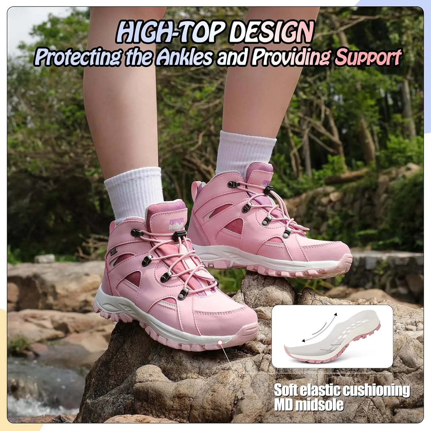 R CORD Kids Hiking Boots Waterproof Girls Hiking Boots Durable TPR Traction Outsole Anti-Skid Athletic Drawstring Closure