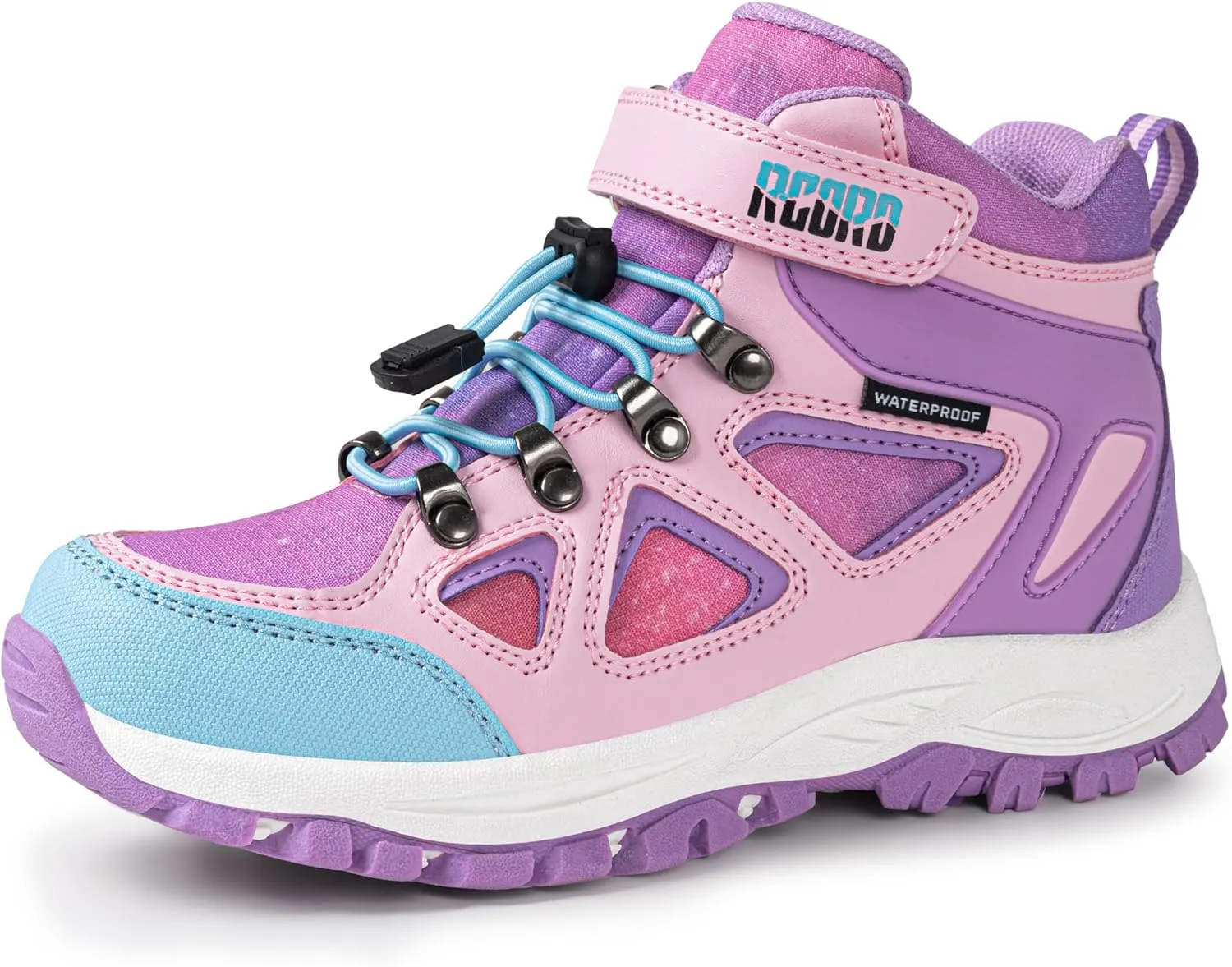R CORD Kids Hiking Boots Waterproof Girls Hiking Boots Durable TPR Traction Outsole Anti-Skid Athletic Hook and Loop Drawstring Closure Hiking Boots for Outdoor