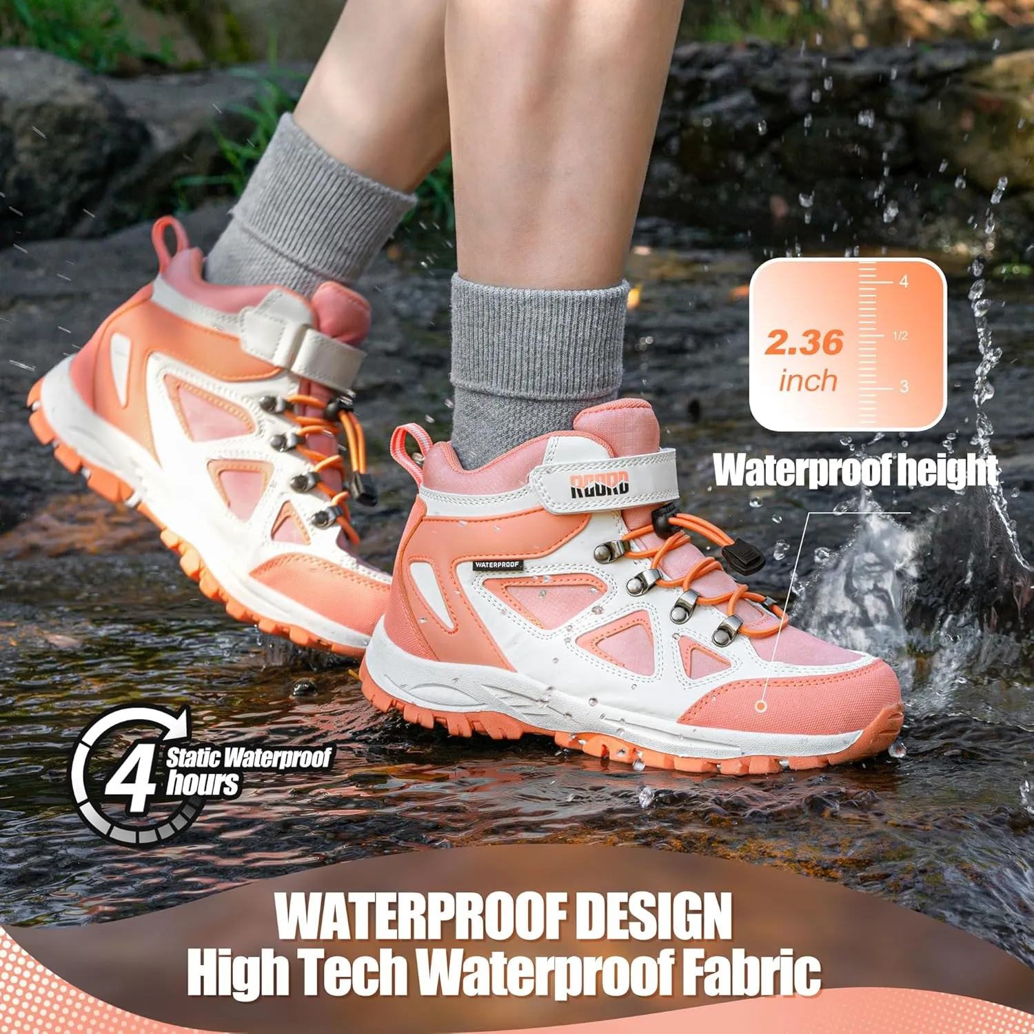 R CORD Kids Hiking Boots Waterproof Girls Hiking Boots Durable TPR Traction Outsole Anti-Skid Athletic Hook and Loop Drawstring Closure Hiking Boots for Outdoor