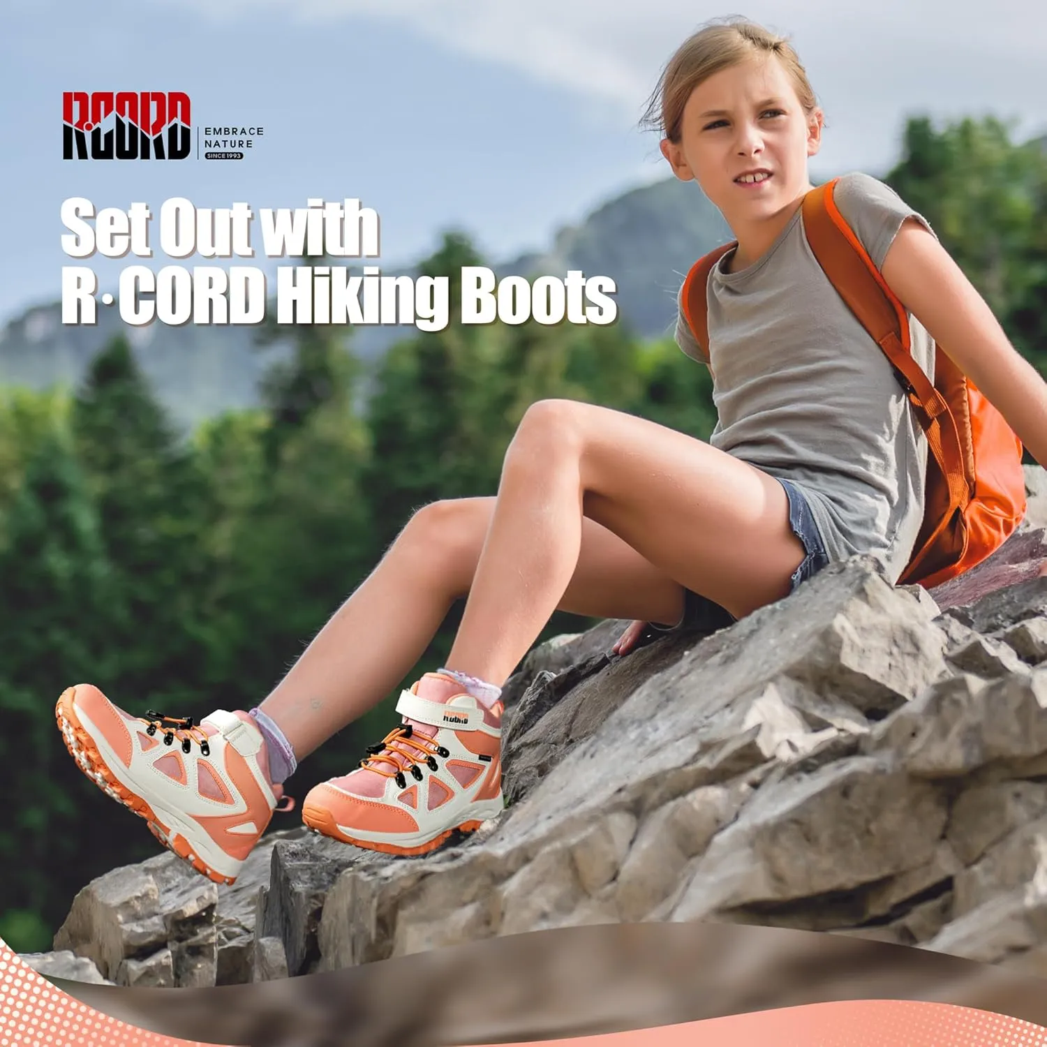 R CORD Kids Hiking Boots Waterproof Girls Hiking Boots Durable TPR Traction Outsole Anti-Skid Athletic Hook and Loop Drawstring Closure Hiking Boots for Outdoor