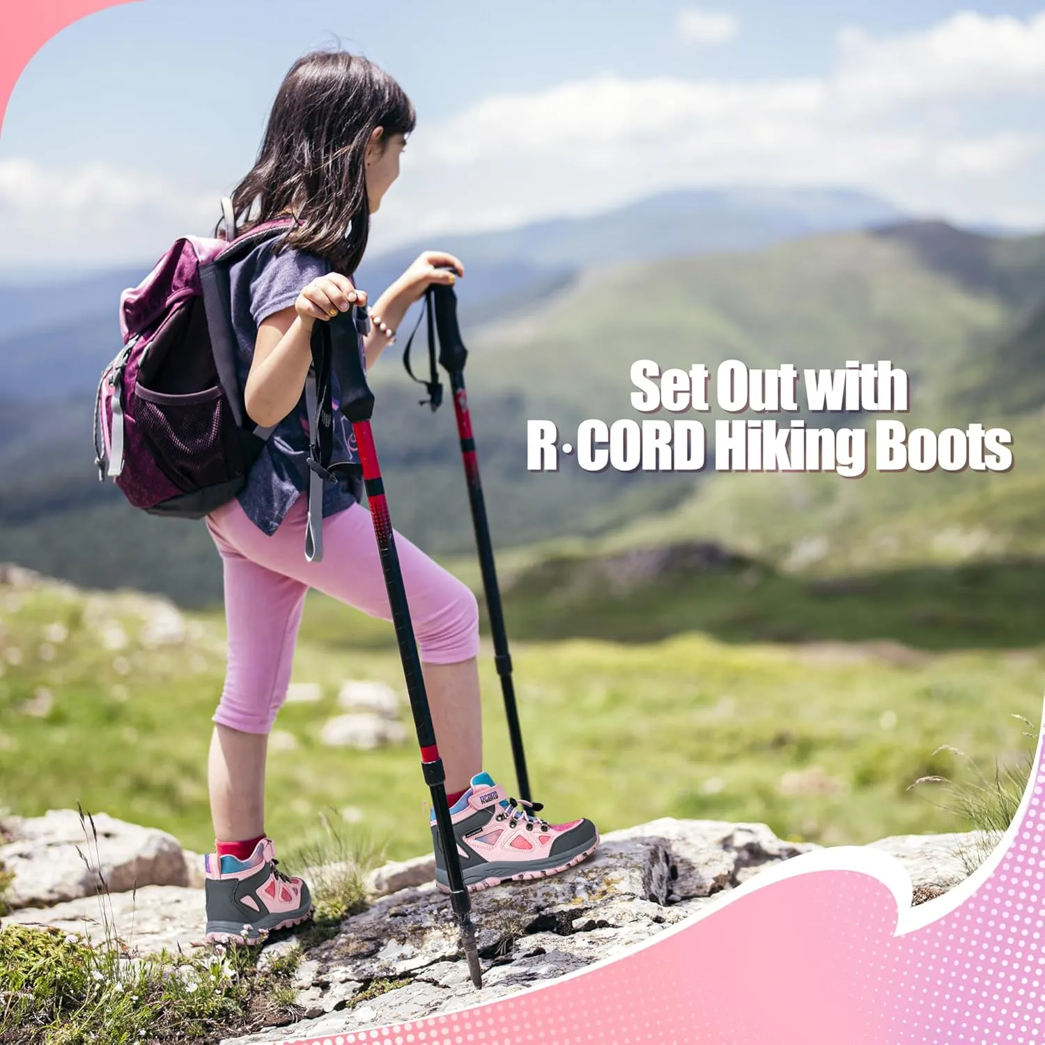 R CORD Kids Hiking Boots Waterproof Girls Hiking Boots Durable TPR Traction Outsole Anti-Skid Athletic Hook and Loop Drawstring Closure Hiking Boots for Outdoor