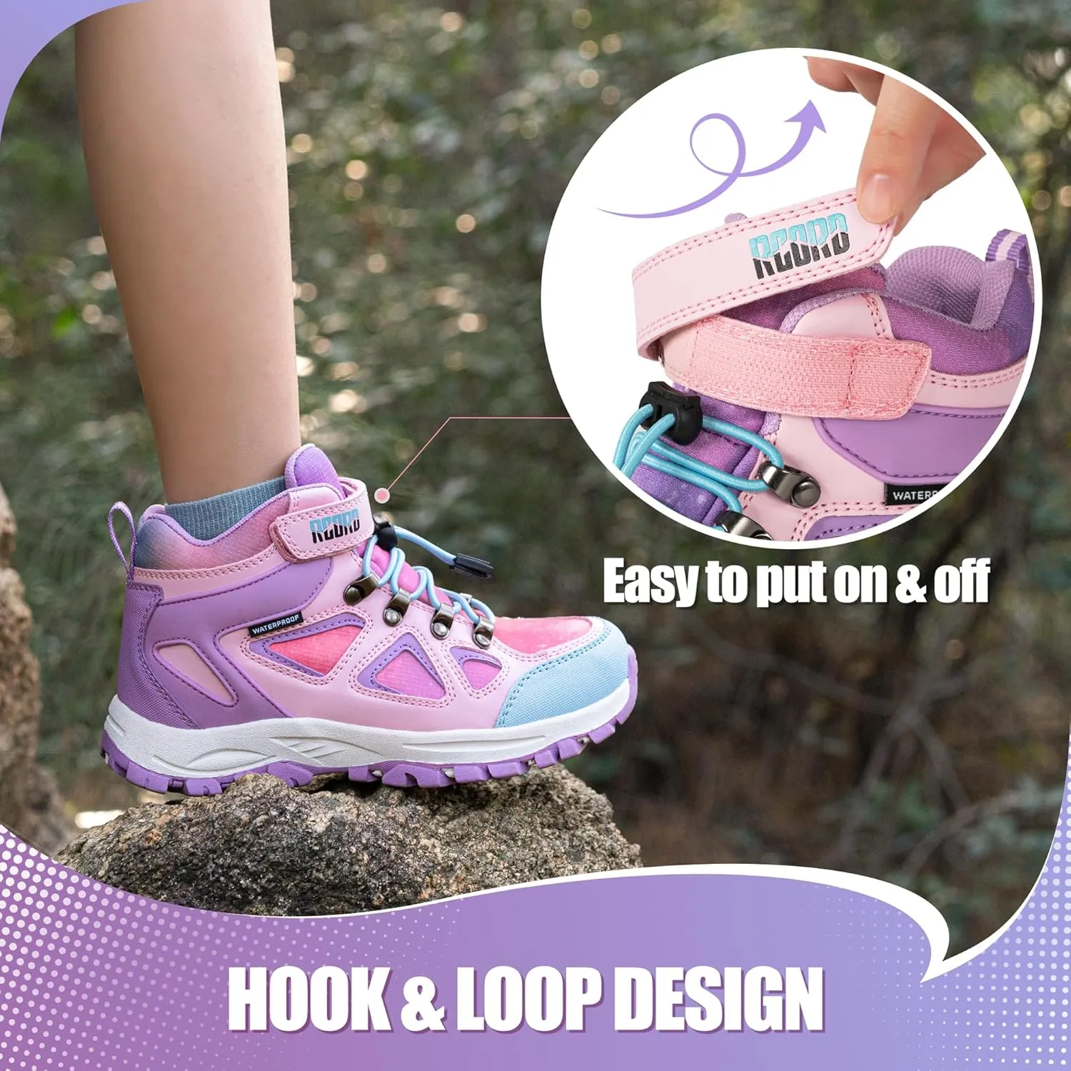 R CORD Kids Hiking Boots Waterproof Girls Hiking Boots Durable TPR Traction Outsole Anti-Skid Athletic Hook and Loop Drawstring Closure Hiking Boots for Outdoor