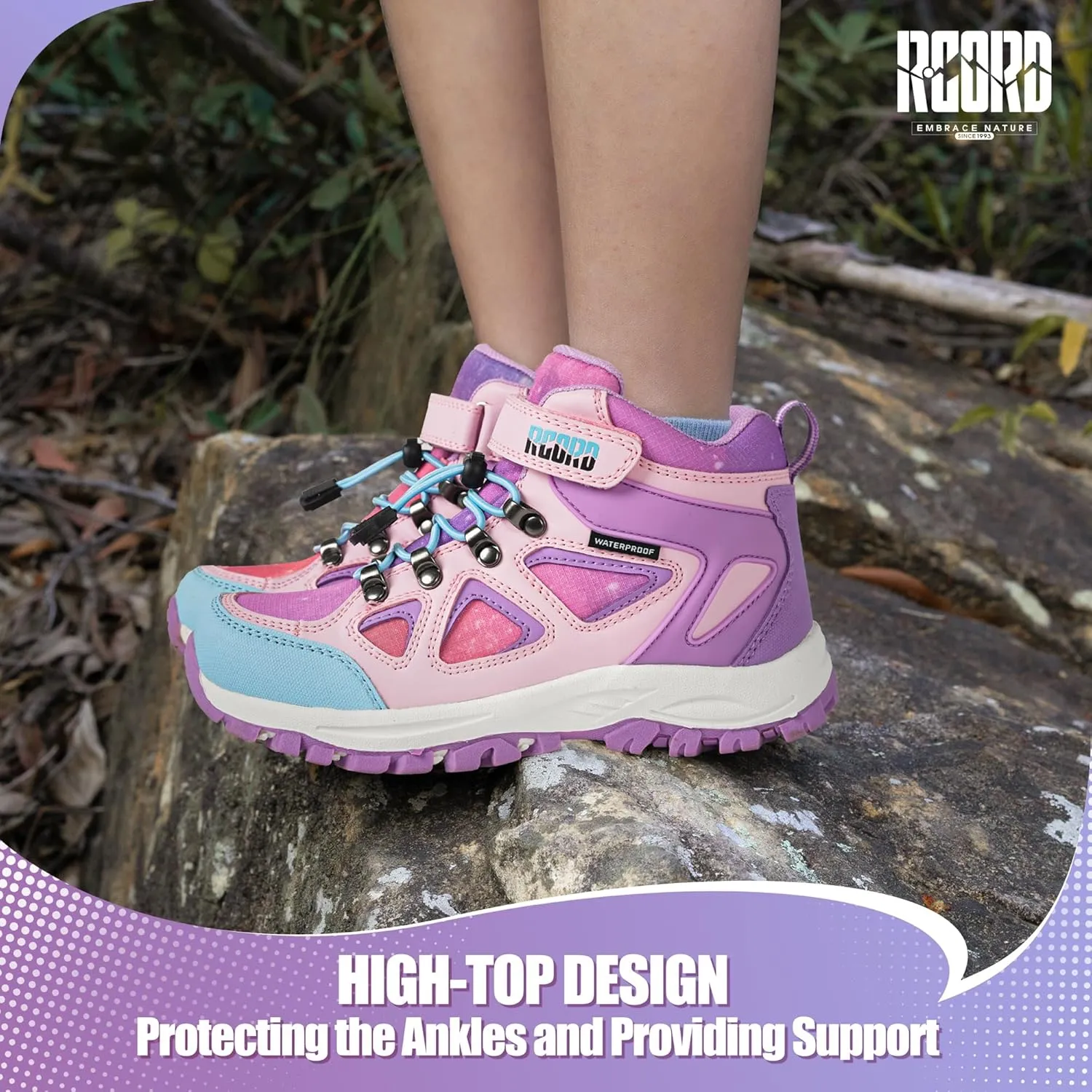 R CORD Kids Hiking Boots Waterproof Girls Hiking Boots Durable TPR Traction Outsole Anti-Skid Athletic Hook and Loop Drawstring Closure Hiking Boots for Outdoor