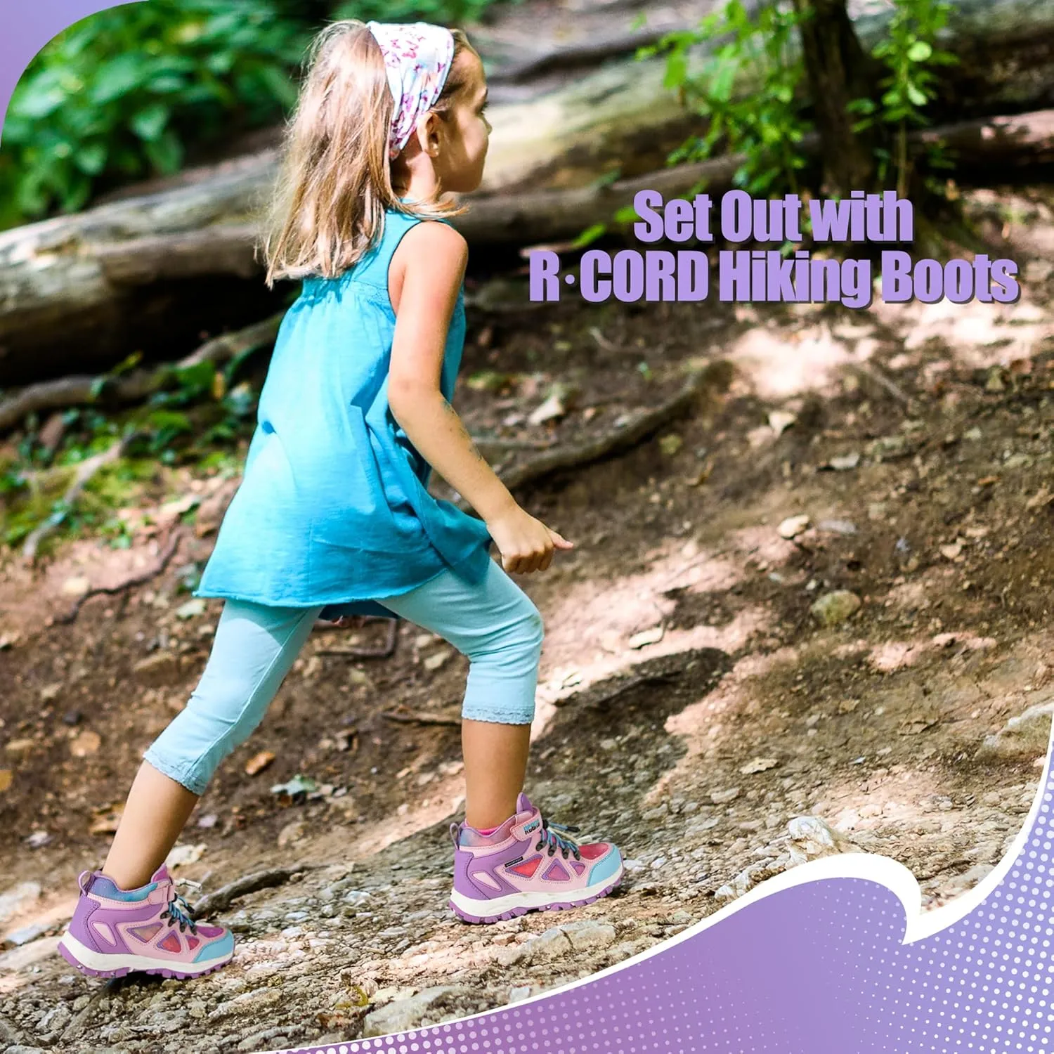 R CORD Kids Hiking Boots Waterproof Girls Hiking Boots Durable TPR Traction Outsole Anti-Skid Athletic Hook and Loop Drawstring Closure Hiking Boots for Outdoor