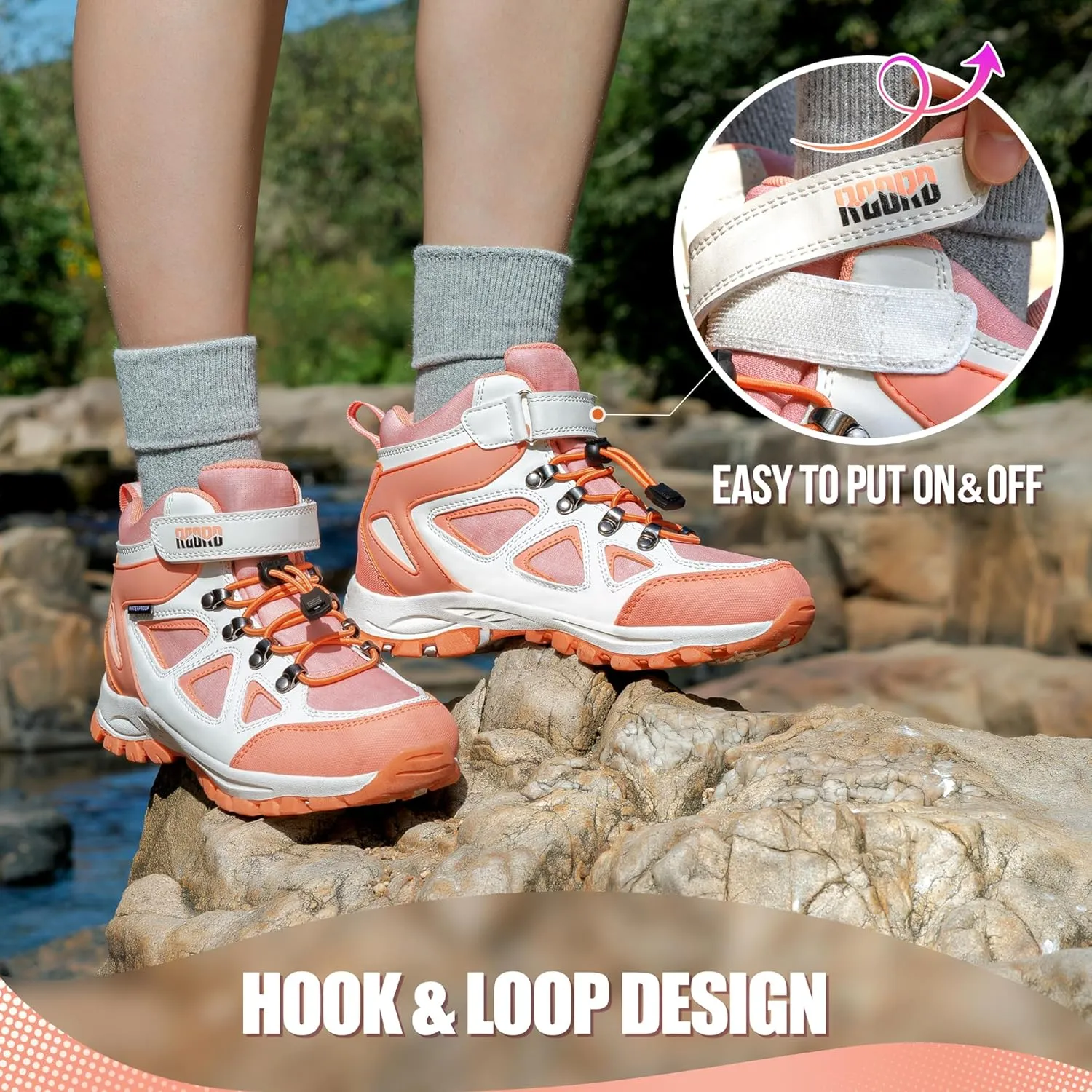 R CORD Kids Hiking Boots Waterproof Girls Hiking Boots Durable TPR Traction Outsole Anti-Skid Athletic Hook and Loop Drawstring Closure Hiking Boots for Outdoor