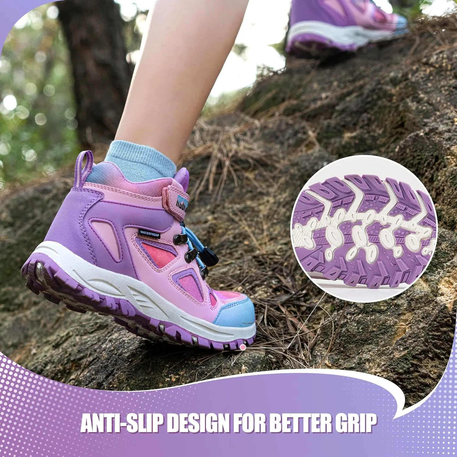 R CORD Kids Hiking Boots Waterproof Girls Hiking Boots Durable TPR Traction Outsole Anti-Skid Athletic Hook and Loop Drawstring Closure Hiking Boots for Outdoor
