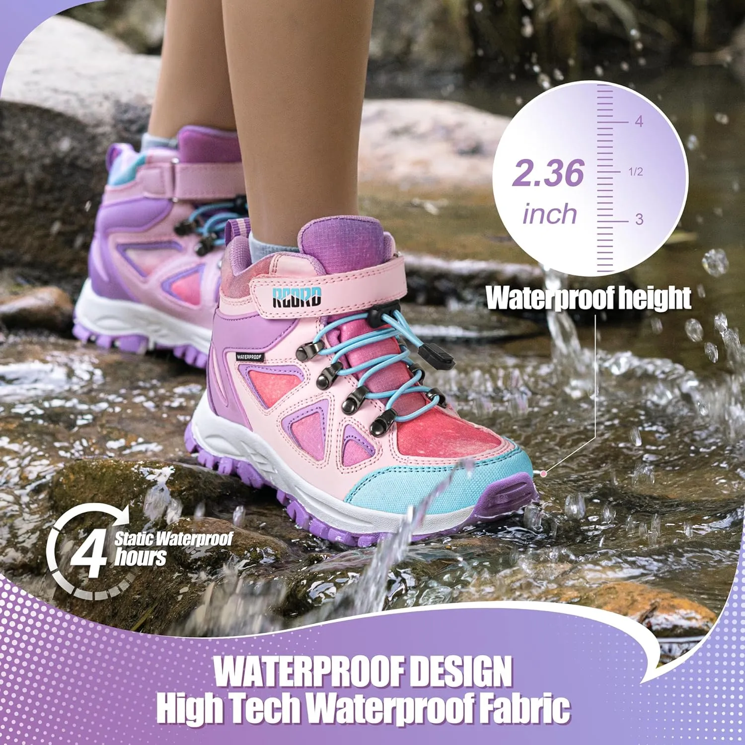R CORD Kids Hiking Boots Waterproof Girls Hiking Boots Durable TPR Traction Outsole Anti-Skid Athletic Hook and Loop Drawstring Closure Hiking Boots for Outdoor