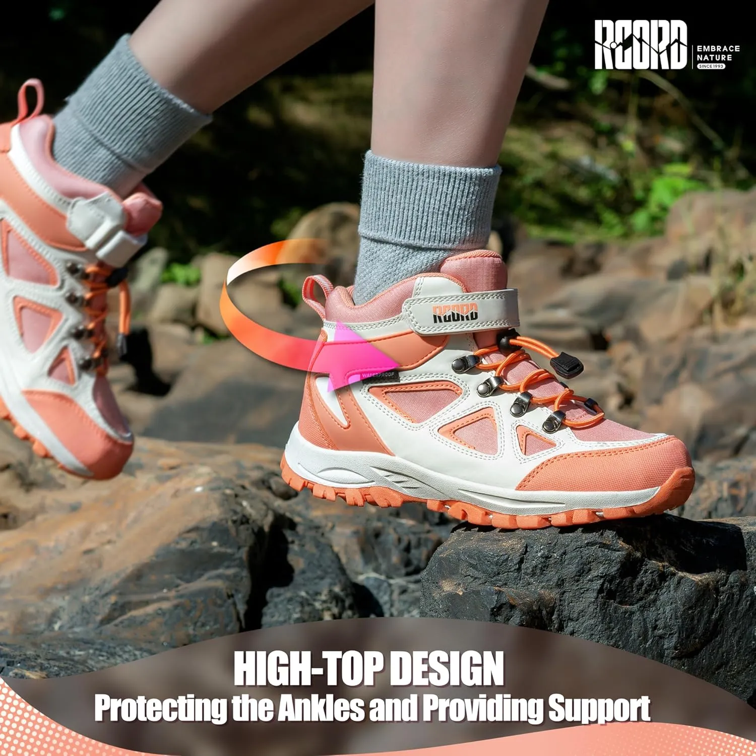 R CORD Kids Hiking Boots Waterproof Girls Hiking Boots Durable TPR Traction Outsole Anti-Skid Athletic Hook and Loop Drawstring Closure Hiking Boots for Outdoor