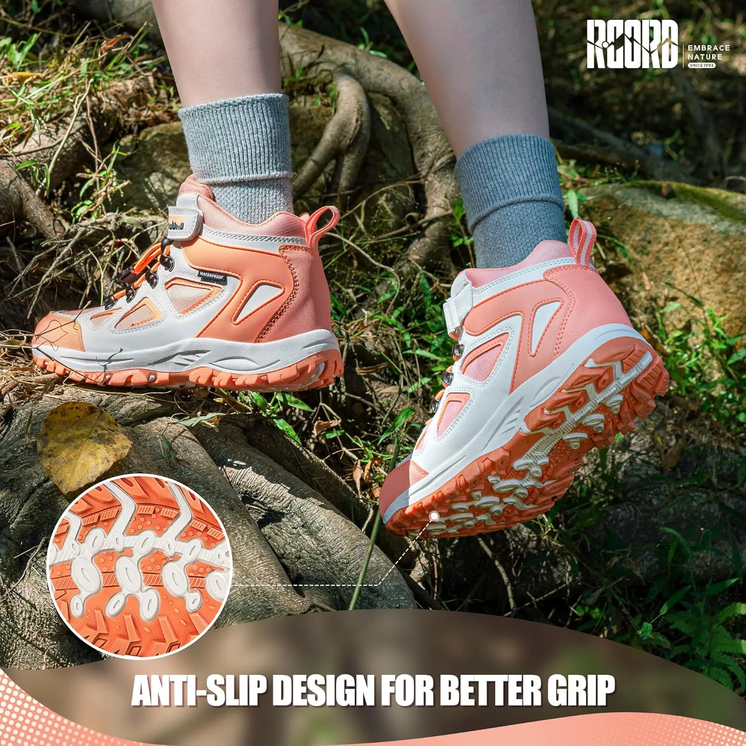 R CORD Kids Hiking Boots Waterproof Girls Hiking Boots Durable TPR Traction Outsole Anti-Skid Athletic Hook and Loop Drawstring Closure Hiking Boots for Outdoor