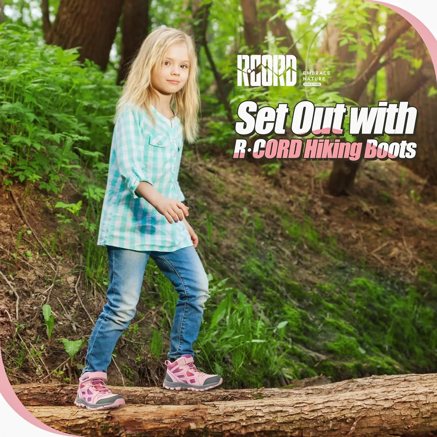 R CORD Kids Hiking Boots Waterproof Girls Hiking Boots Durable TPR Traction Outsole Girls Hiking Shoes Anti-Skid Athletic Hook and Loop Closure Kids Hiking Shoes for Outdoor