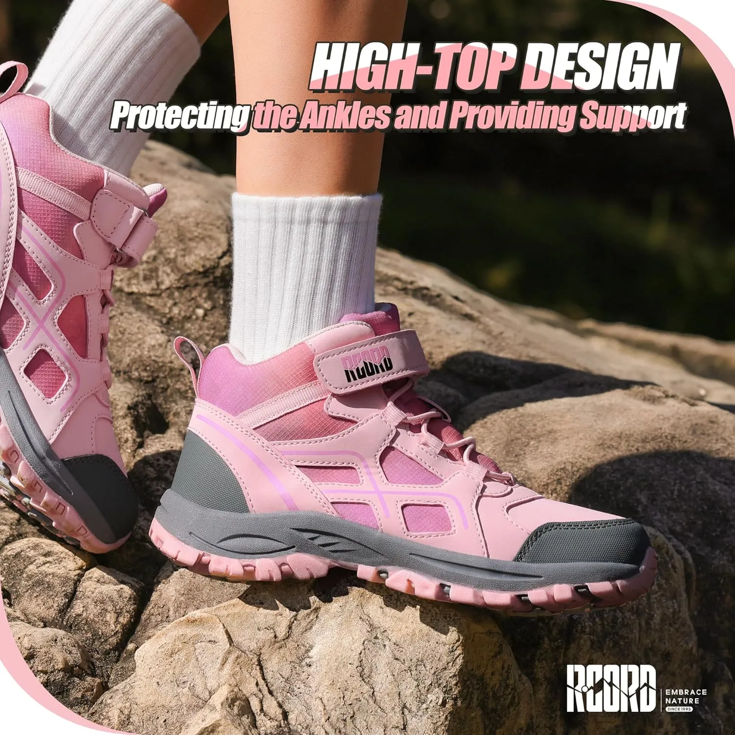 R CORD Kids Hiking Boots Waterproof Girls Hiking Boots Durable TPR Traction Outsole Girls Hiking Shoes Anti-Skid Athletic Hook and Loop Closure Kids Hiking Shoes for Outdoor