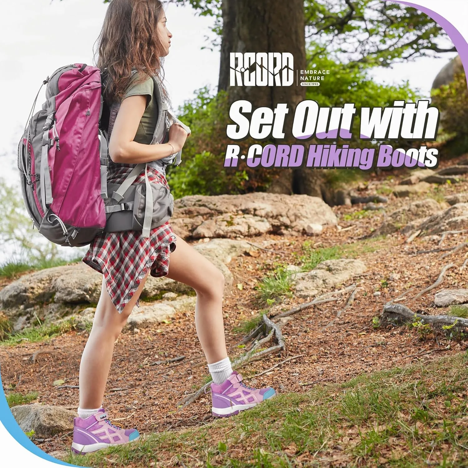 R CORD Kids Hiking Boots Waterproof Girls Hiking Boots Durable TPR Traction Outsole Girls Hiking Shoes Anti-Skid Athletic Hook and Loop Closure Kids Hiking Shoes for Outdoor