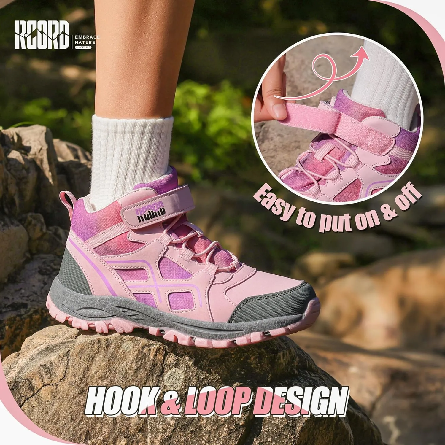 R CORD Kids Hiking Boots Waterproof Girls Hiking Boots Durable TPR Traction Outsole Girls Hiking Shoes Anti-Skid Athletic Hook and Loop Closure Kids Hiking Shoes for Outdoor