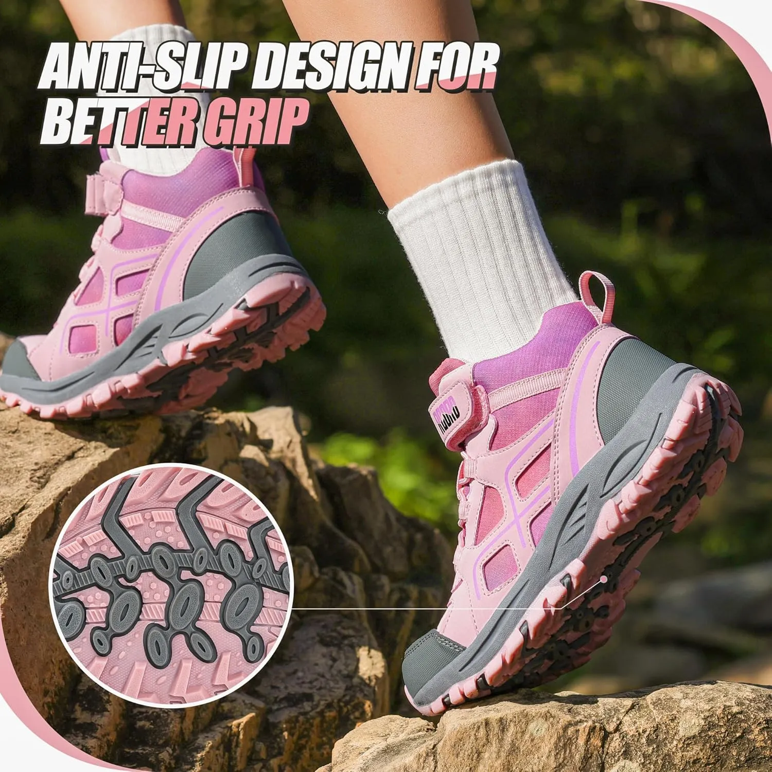 R CORD Kids Hiking Boots Waterproof Girls Hiking Boots Durable TPR Traction Outsole Girls Hiking Shoes Anti-Skid Athletic Hook and Loop Closure Kids Hiking Shoes for Outdoor