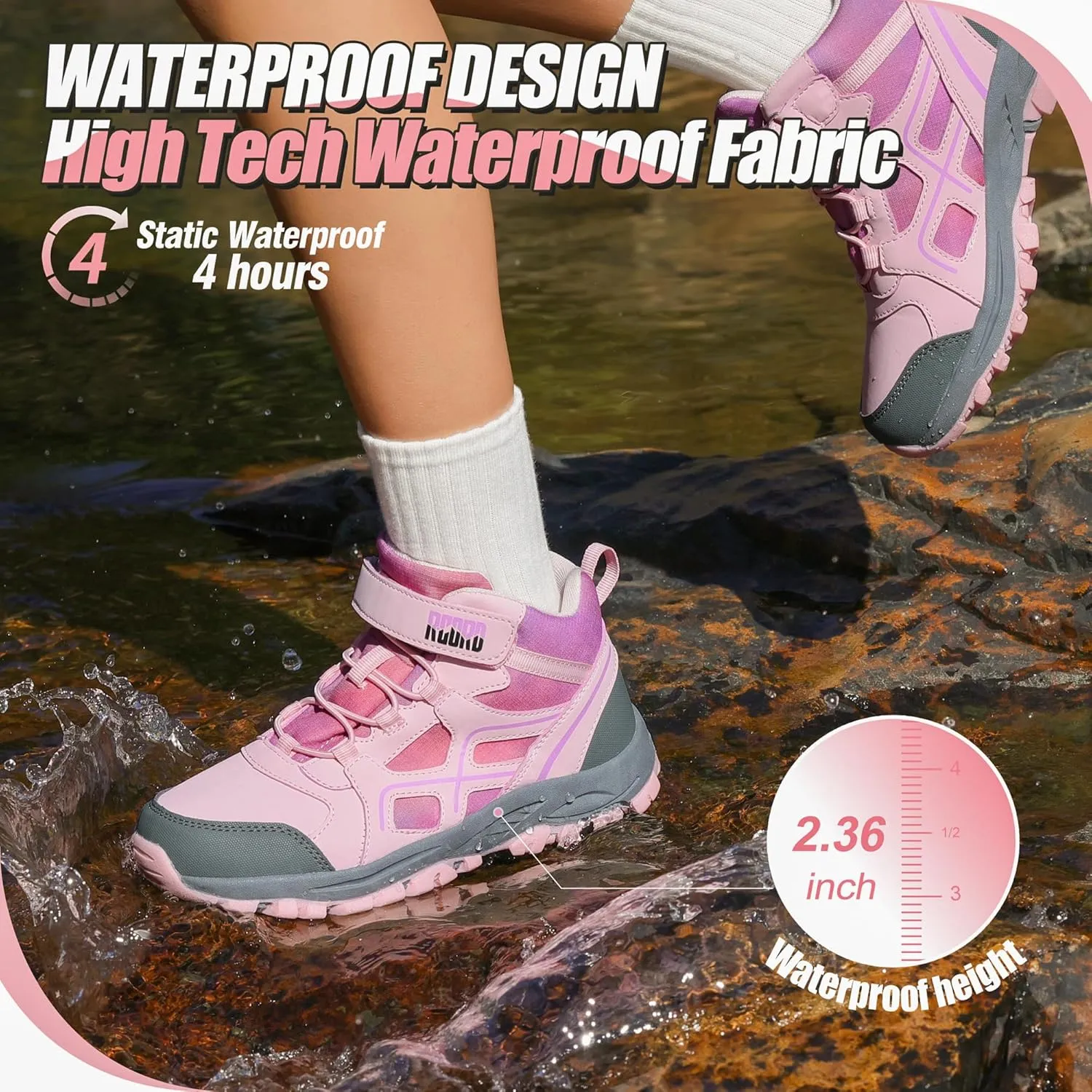 R CORD Kids Hiking Boots Waterproof Girls Hiking Boots Durable TPR Traction Outsole Girls Hiking Shoes Anti-Skid Athletic Hook and Loop Closure Kids Hiking Shoes for Outdoor