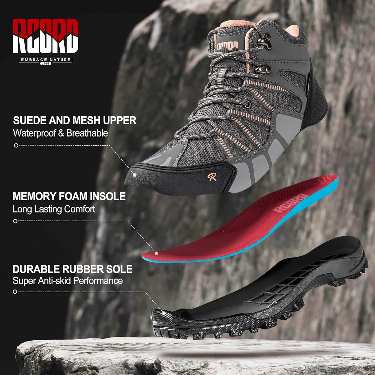 R CORD Womens Hiking Boots Waterproof Hiking Boots Womens Non-Slip Lightweight Outdoor Hiking Shoes Trekking Camping Trail Outdoor