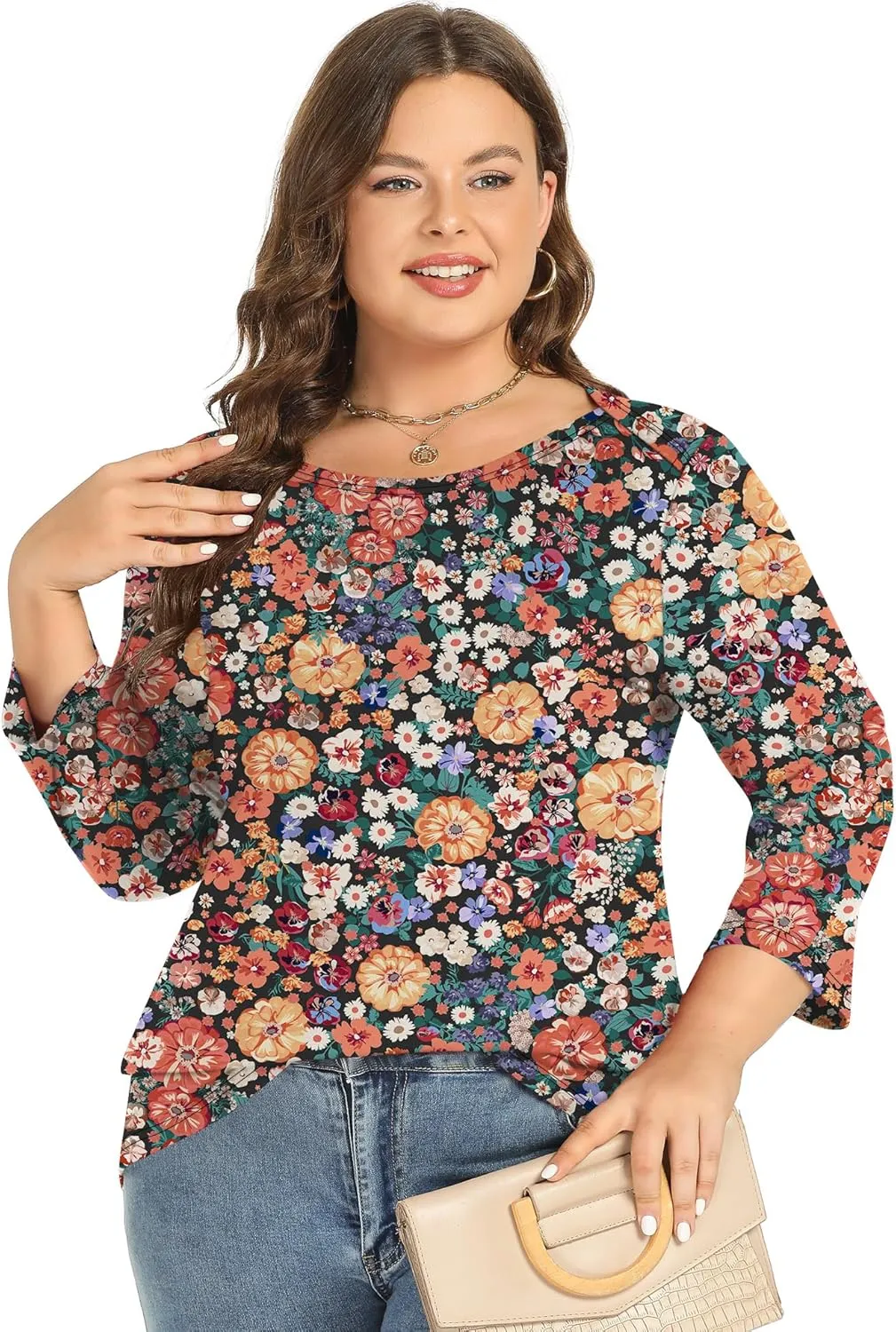 Rapbin Womens Plus Size 3/4 Length Sleeve Tops Boat Neck Loose Fit Tee Tunic Blouse XL-5XL