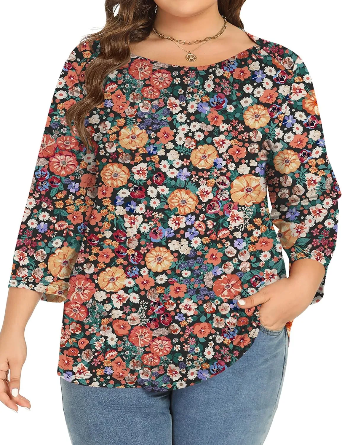 Rapbin Womens Plus Size 3/4 Length Sleeve Tops Boat Neck Loose Fit Tee Tunic Blouse XL-5XL