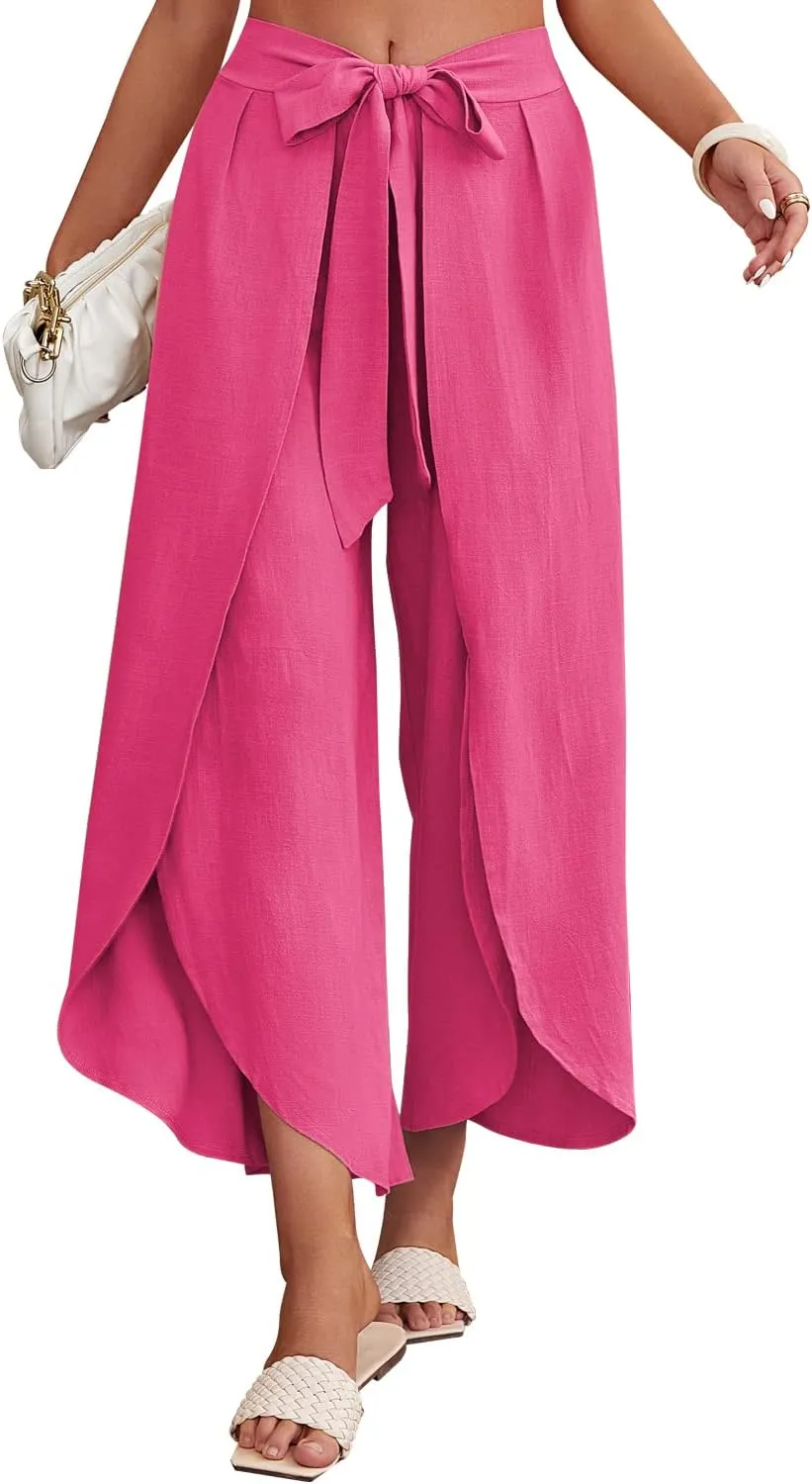 ReachMe Womens Casual Palazzo High Waisted Flowy Wide Leg Pants Bowtie Front Split Wrap Pants Trousers