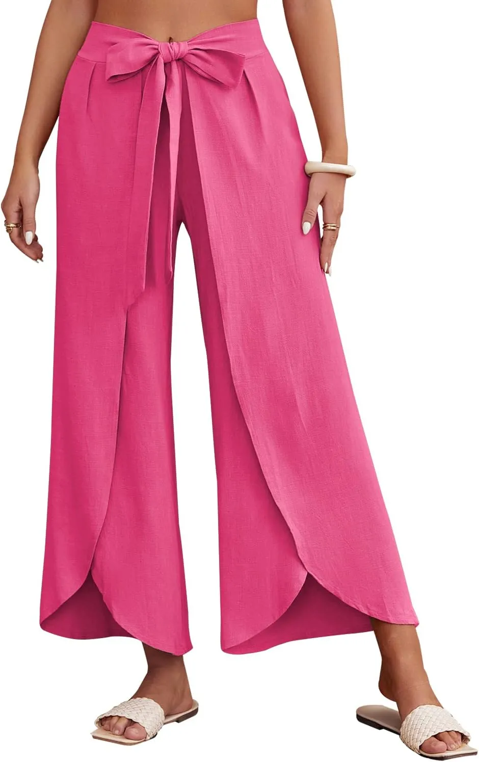 ReachMe Womens Casual Palazzo High Waisted Flowy Wide Leg Pants Bowtie Front Split Wrap Pants Trousers