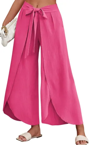 ReachMe Womens Casual Palazzo High Waisted Flowy Wide Leg Pants Bowtie Front Split Wrap Pants Trousers