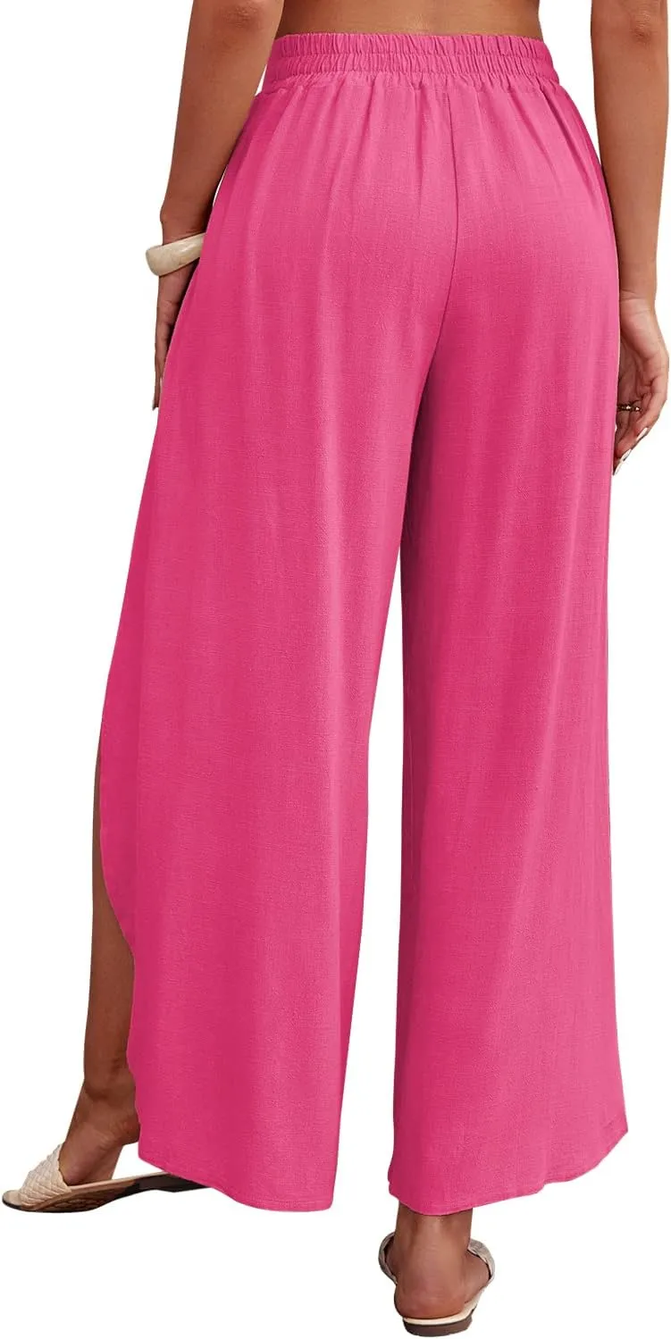 ReachMe Womens Casual Palazzo High Waisted Flowy Wide Leg Pants Bowtie Front Split Wrap Pants Trousers