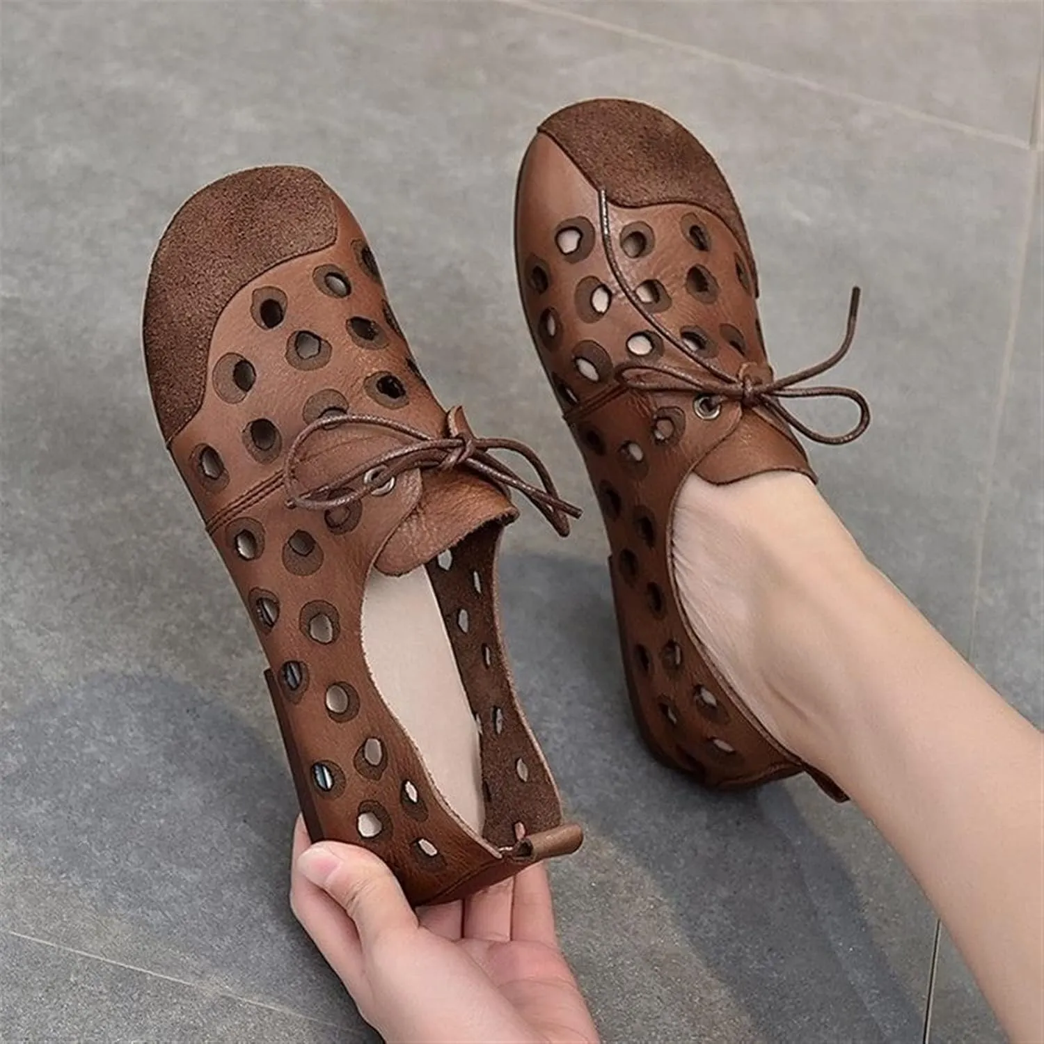 Retro Casual Sandals Comfortable Leather Handmade Shoes Flat-Heeled Soft-Soled Shoes Breathable Cutout Lace-Up Sandals (Color : Auburn, Shoe Size : 6.5)